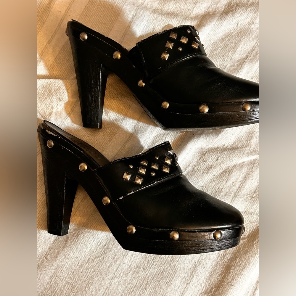 Black mule chunky heeled studded backless slip ons